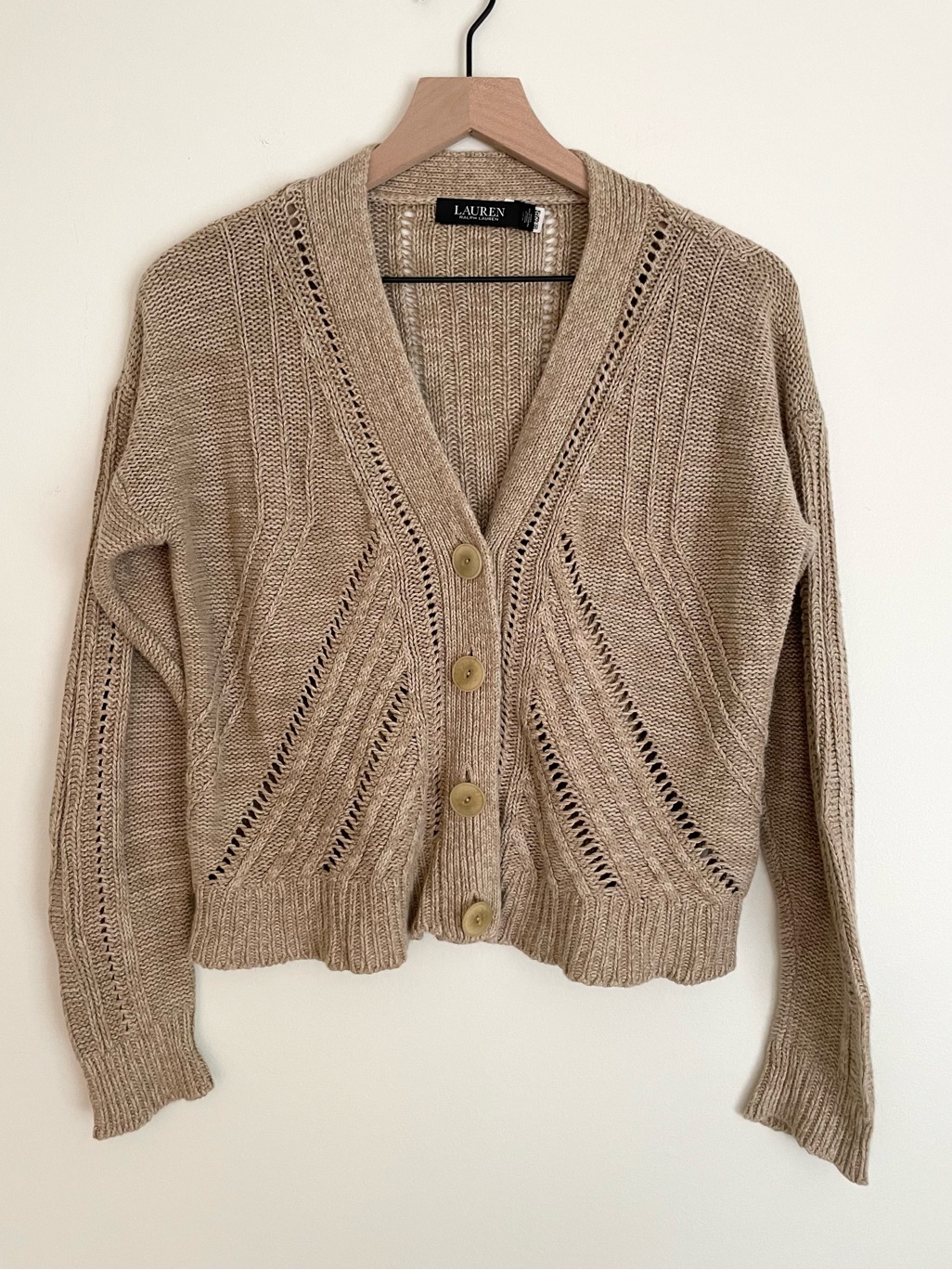 Lauren Ralph Lauren Beige Openwork V-Neck Button Cardigan